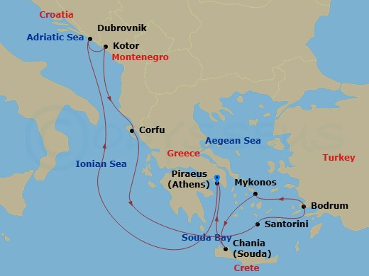 11 Night - Greek Isles and the Adriatic - Scarlet Lady - Starting in Athens (Piraeus), Greece, Dubrovnik, Croatia, Kotor, Montenegro, Corfu, Greece, Santorini, Greece, Bodrum, Turkey, Mykonos, Greece, Chania (Souda Bay), Crete, Greece, Athens (Piraeus), Greece itinerary map