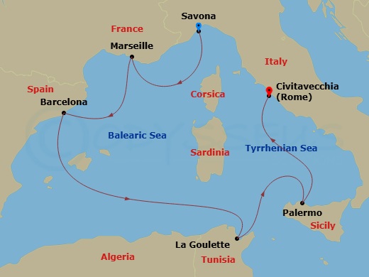 Costa Smeralda - 6 Night - Europe from Savona to Rome (Civitavecchia) - Costa Smeralda - Starting in Savona, Marseille, Barcelona, La Goulette, Palermo, Civitavecchia itinerary map