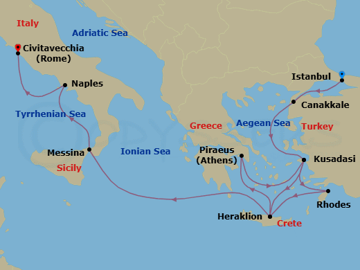 14 Night - Ancient Mediterranean Antiquities - Viking Mira - Starting in Istanbul, Troy (Canakkale), Ephesus (Kusadasi), Rhodes, Crete (Heraklion), Athens (Piraeus), Ephesus (Kusadasi), Crete (Heraklion), Sail the Ionian Sea, Sicily (Messina), Naples, Rome (Civitavecchia) itinerary map