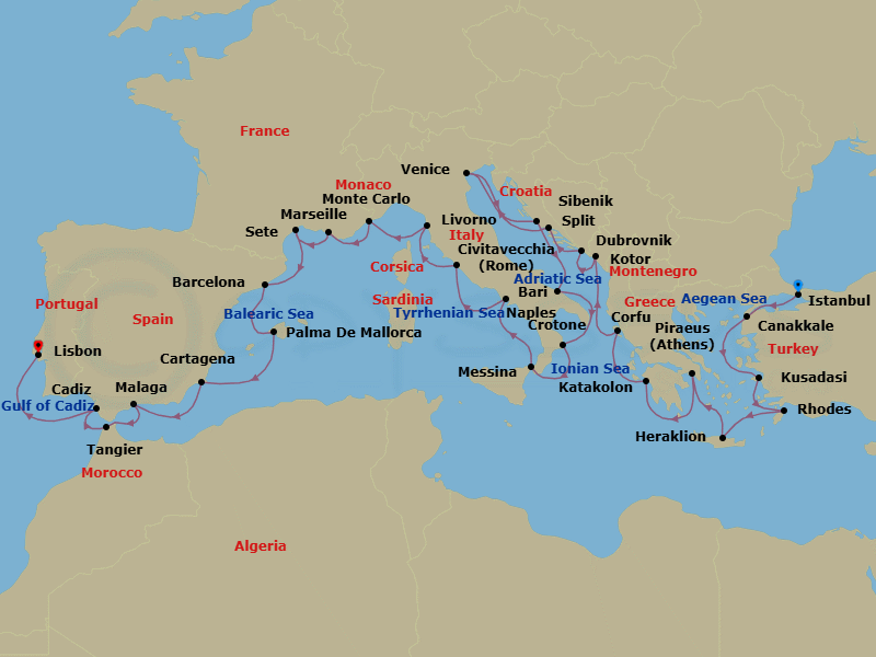35 Night - Grand Mediterranean Explorer - Viking Mira - Starting in Istanbul, Troy (Canakkale), Ephesus (Kusadasi), Rhodes, Crete (Heraklion), Athens (Piraeus), Katakolon (Olympia), Corfu (Kerkyra), Kotor, Dubrovnik, Croatia, Split, Venice, Sibenik, Bari, Crotone, Sicily (Messina), Naples, Rome (Civitavecchia), Florence / Pisa (Livorno), Monte Carlo, Marseille, Sete, Barcelona, Palma De Mallorca, Murcia (Cartagena ES, Spain), Granada (Malaga), Tangier, Seville (Cadiz), Lisbon itinerary map