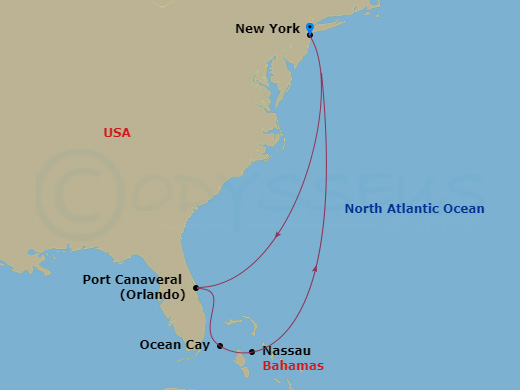 7 Night - Caribbean and Antilles - MSC Meraviglia - Starting in New York, Port Canaveral (Orlando), Ocean Cay Msc Marine Reserve, Bahamas, Nassau, Bahamas, New York itinerary map