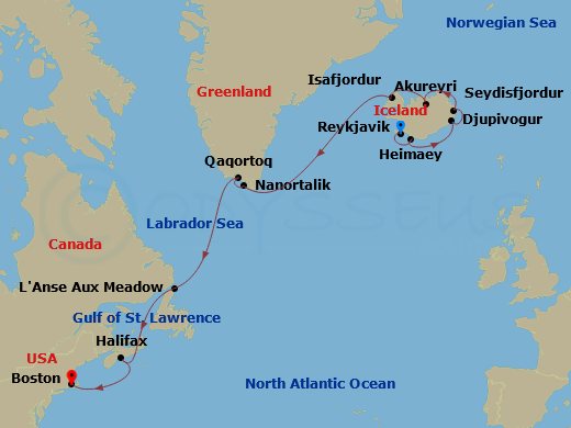 Viking Neptune - 14 Night - Iconic Iceland, Greenland & Canada - Viking Neptune - Starting in Reykjavik, Heimaey Westman Islands, Djupivogur, Seydisfjordur, Akureyri, Isafjord.. itinerary map