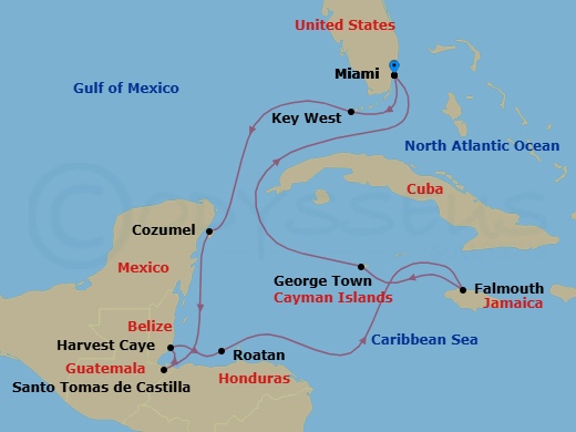 11 Night - Cupid in the Caribbean - Seven Seas Prestige - Starting in Miami, Key West, Cruising the Gulf, Cozumel, Mexico, Santo Tomas De Castilla, Harvest Caye, Roatan, Cruising the Caribbean Sea, Falmouth, George Town, Cruising the Florida Straits, Miami itinerary map