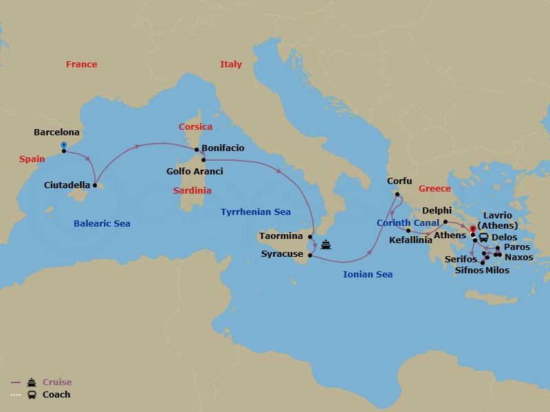 19 Night - Epic Mediterranean and Greek Isles Voyage - National Geographic Orion - Starting in Barcelona, Spain / Embark Ship, Ciutadella de Menorca, At Sea / Bonifacio, Corsica, France, Bonifacio, Golfo Aranci, Sardinia, Italy, At Sea / Aeolian Islands, Taormina, Sicily, Siracusa / At Sea, Corfu, Greece, Cephalonia, Delphi / Corinth Canal, Lavrio / Athens / Lavrio, Milos, Sifnos, Serifos, Paros, Naxos, Delos / Tinos, Lavrio / Disembark Ship / Athens itinerary map