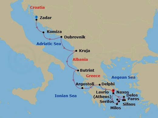 14 Night - Crossroads of the Adriatic and Aegean : Greece, Croatia and Albania - National Geographic Orion - Starting in Zadar, Croatia / Embark Ship, Komiza, Vis Island, Dubrovnik, Croatia, Kruje, Albania / Divjake-Karavasta National Park, Butrint, Albania / Corfu, Greece, Cephalonia, Delphi / Corinth Canal, Lavrio / Athens / Lavrio, Milos, Sifnos, Serifos, Paros, Naxos, Delos / Tinos, Lavrio / Disembark Ship / Athens itinerary map