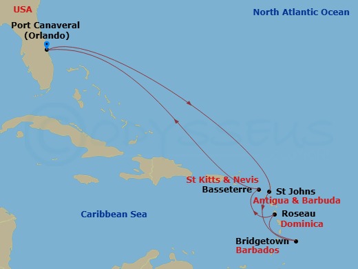 RCL Explorer of the Seas - 9 Night - Southern Caribbean Cruise - RCL Explorer of the Seas - Starting in Orlando (Port Canaveral), Fl, St Johns AG, Antigua, Bridgetown, Barbados, Roseau,.. itinerary map