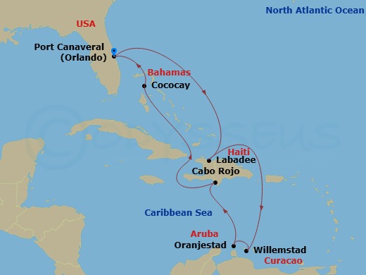Explorer of the Seas - 9 Night - Southern Caribbean & Perfect Day - Explorer of the Seas - Starting in Orlando (Port Canaveral), Fl, Labadee, Haiti, Willemstad AN, Curacao, Oranjest.. itinerary map