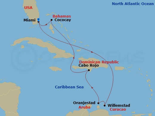 RCL Freedom of the Seas - 9 Night - Southern Caribbean & Perfect Day - RCL Freedom of the Seas - Starting in Miami, Florida, Willemstad AN, Curacao, Oranjestad, Aruba, Cabo Rojo, Domin.. itinerary map