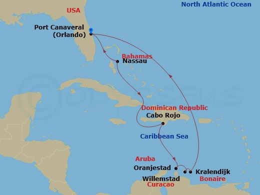 Explorer of the Seas - 9 Night - Southern Caribbean Cruise - Explorer of the Seas - Starting in Orlando (Port Canaveral), Fl, Nassau, Bahamas, Cabo Rojo, Dominican Republic, Oranjes.. itinerary map