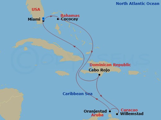 9 Night - Perfect Day Cococay & South Carib - Freedom of the Seas - Starting in Miami, Florida, Perfect Day Cococay, Bahamas, Cabo Rojo, Dominican Republic, Willemstad AN, Curacao, Oranjestad, Aruba, Miami, Florida itinerary map