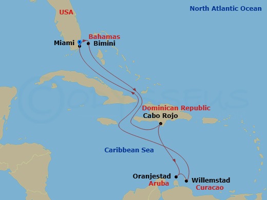 RCL Freedom of the Seas - 9 Night - Southern Caribbean Cruise - RCL Freedom of the Seas - Starting in Miami, Florida, Bimini, Bahamas, Cabo Rojo, Dominican Republic, Oranjestad, Aruba,.. itinerary map
