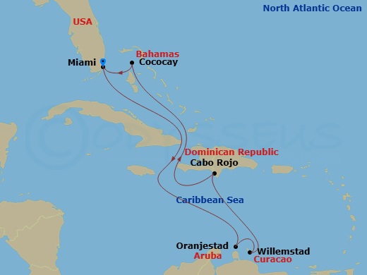 9 Night - Southern Caribbean & Perfect Day - Freedom of the Seas - Starting in Miami, Florida, Oranjestad, Aruba, Willemstad AN, Curacao, Cabo Rojo, Dominican Republic, Perfect Day Cococay, Bahamas, Miami, Florida itinerary map