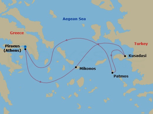 4 Night - Athens (Piraeus) / Athens (Piraeus) - Ilma - Starting in Athens (Piraeus), Mykonos, Kusadasi, Patmos, Athens (Piraeus) itinerary map