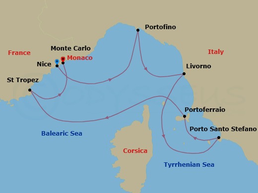 7 Night - Nice / Monte Carlo - Evrima - Starting in Nice, Portofino, Livorno, Porto Santo Stefano, Portoferraio, Elba, Saint-Tropez, Monte Carlo itinerary map