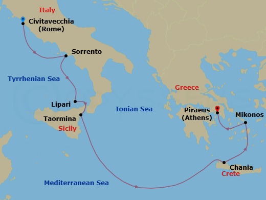 7 Night - Rome (Civitavecchia) / Athens (Piraeus) - Ilma - Starting in Rome (Civitavecchia), Sorrento, Lipari, Taormina (Naxos), Sicily, Chania (Souda), Crete, Mykonos, Athens (Piraeus) itinerary map