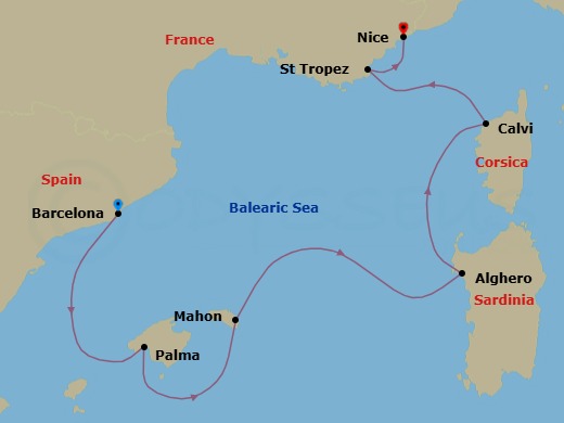 7 Night - Barcelona / Nice - Evrima - Starting in Barcelona, Palma de Mallorca, Mallorca, Balearic Islands, Mahon, Menorca, Balearic Islands, Alghero, Sardinia, Calvi, Corsica, Saint-Tropez, Nice itinerary map