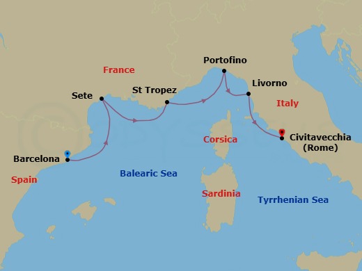 5 Night - Barcelona / Rome (Civitavecchia) - Ilma - Starting in Barcelona, Sete, Saint-Tropez, Portofino, Livorno, Rome (Civitavecchia) itinerary map
