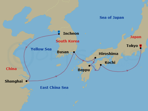 12 Night - Incheon to Tokyo - Silver Muse - Starting in Incheon (Seoul), Shanghai, Busan, Hiroshima, Beppu (Kyushu Island), Kochi, Tokyo itinerary map