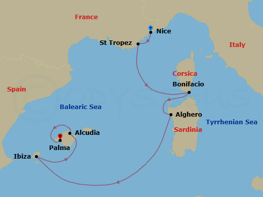 7 Night - Nice to Palma De Mallorca - Silver Shadow - Starting in Nice, Saint Tropez, Bonifacio (Corsica), Alghero, Sardinia, Ibiza, Alcudia, Mallorca, Palma De Mallorca itinerary map