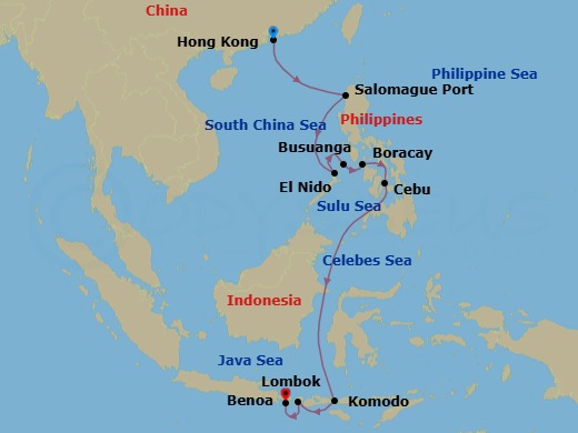 13 Night - Hong Kong / Bali - Luminara - Starting in Hong Kong, Salomague, El Nido, Busuanga, Boracay, Cebu, Philippines, Komodo, Lombok, Bali itinerary map