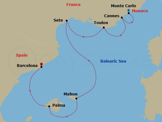 7 Night - Monte Carlo / Barcelona - Evrima - Starting in Monte Carlo, Cannes, Toulon, Sete, Mahon, Menorca, Balearic Islands, Palma de Mallorca, Mallorca, Balearic Islands, Barcelona itinerary map