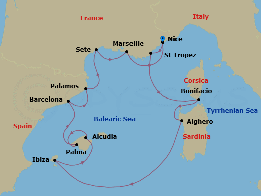 12 Night - Nice to Nice - Silver Shadow - Starting in Nice, Saint Tropez, Bonifacio (Corsica), Alghero, Sardinia, Ibiza, Alcudia, Mallorca, Palma De Mallorca, Barcelona, Palamos, Sete, Marseille, Nice itinerary map