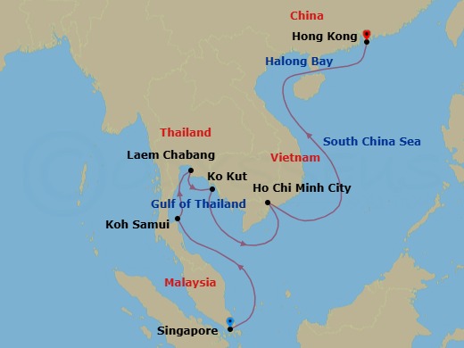 14 Night - Singapore / Hong Kong - Luminara - Starting in Singapore, Koh Samui, Bangkok (Laem Chabang), Koh Kood, Ho Chi Minh City, Halong Bay, Hong Kong itinerary map
