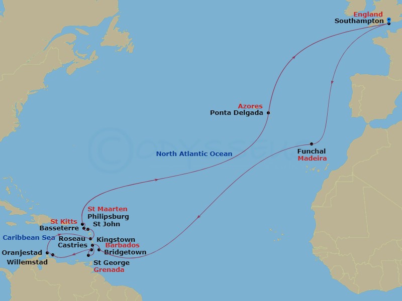 Queen Victoria - 35 Night - Eastern Caribbean - Queen Victoria - Starting in Southampton, England, UK, Funchal, Madeira, Portugal, Bridgetown, Barbados, Castries, St Lucia, Gr.. itinerary map