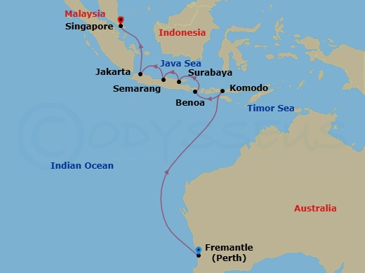 12 Night - Orchids & Lanterns - Seven Seas Navigator - Starting in Perth (Fremantle), Cruising the Indian Ocean, Komodo, Bali (Benoa), Cruising the Java Sea, Surabaya, Semarang (Java), Jakarta, Cruising the Java Sea, Singapore itinerary map
