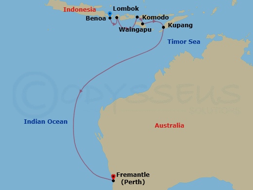 10 Night - Starlight Sojourn - Seven Seas Navigator - Starting in Bali (Benoa), Lombok (Lembar), Komodo, Waingapu (Sumba), Kupang (West Timor), Cruising the Indian Ocean, Perth (Fremantle) itinerary map