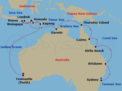 24 Night - Great Skylines & Reefs - Seven Seas Navigator - Starting in Sydney AU, Cruising the Tasman Sea, Brisbane, Cruising the Coral Sea, Airlie Beach, Cairns, Cruising the Coral Sea, Thursday Island, Cruising the Arafura Sea, Darwin, Cruising the Timor Sea, Komodo, Cruising the Bali Sea, Bali (Benoa), Lombok (Lembar), Komodo, Waingapu (Sumba), Kupang (West Timor), Cruising the Indian Ocean, Perth (Fremantle) itinerary map