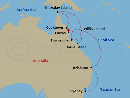 12 Night - Escape Down Under - Seven Seas Navigator - Starting in Sydney AU, Cruising the Tasman Sea, Brisbane, Willis Island (Technical Call), Airlie Beach, Townsville, Willis Island (Technical Call), Cruising the Coral Sea, Thursday Island, Cruising the Coral Sea, Cooktown, Cairns itinerary map