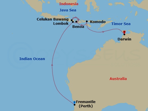 11 Night - Balinese Heritage - Seven Seas Navigator - Starting in Perth (Fremantle), Cruising the Indian Sea, Bali (Benoa), Celukan Bawang (Bali), Lombok (Lembar), Komodo, Cruising the Timor Sea, Darwin itinerary map