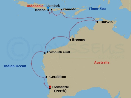 14 Night - Balinese Immersion - Seven Seas Navigator - Starting in Bali (Benoa), Lombok (Lembar), Komodo, Cruising the Timor Sea, Darwin, Cruising the Timor Sea, Cruising the Kimberly Coast, Broome, Cruising the Indian Ocean, Exmouth, Cruising the Indian Ocean, Geraldton, Perth (Fremantle) itinerary map