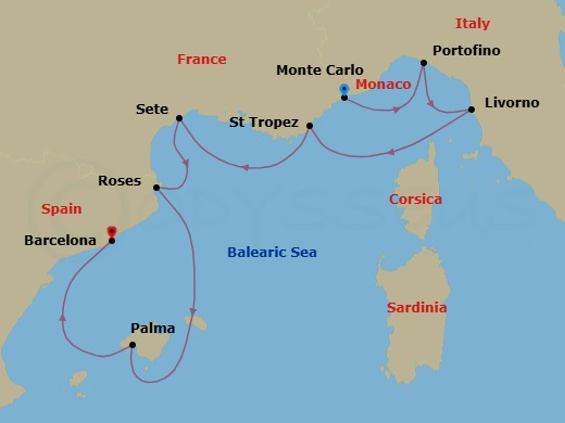 7 Night - Monte Carlo / Barcelona - Ilma - Starting in Monte Carlo, Portofino, Livorno, Saint-Tropez, Sete, Roses, Palma de Mallorca, Mallorca, Balearic Islands, Barcelona itinerary map