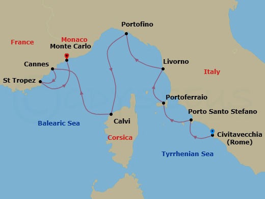 8 Night - Rome (Civitavecchia) / Monte Carlo - Ilma - Starting in Rome (Civitavecchia), Porto Santo Stefano, Portoferraio, Elba, Livorno, Portofino, Calvi, Corsica, Cannes, Saint-Tropez, Monte Carlo itinerary map