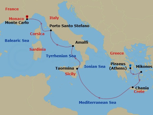 7 Night - Athens (Piraeus) / Monte Carlo - Evrima - Starting in Athens (Piraeus), Mykonos, Chania (Souda), Crete, Taormina (Naxos), Sicily, Amalfi, Porto Santo Stefano, Monte Carlo itinerary map