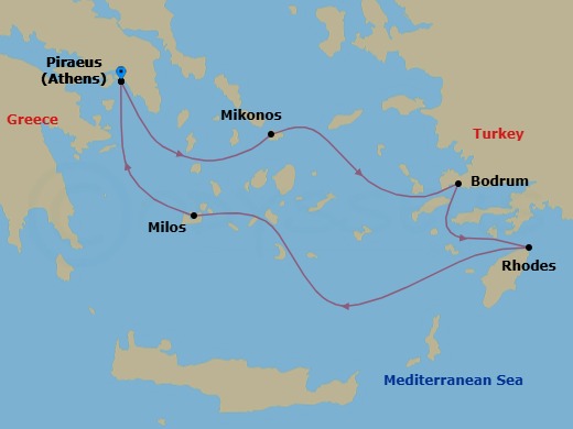 5 Night - Athens (Piraeus) / Athens (Piraeus) - Evrima - Starting in Athens (Piraeus), Mykonos, Bodrum, Rhodes, Milos, Athens (Piraeus) itinerary map