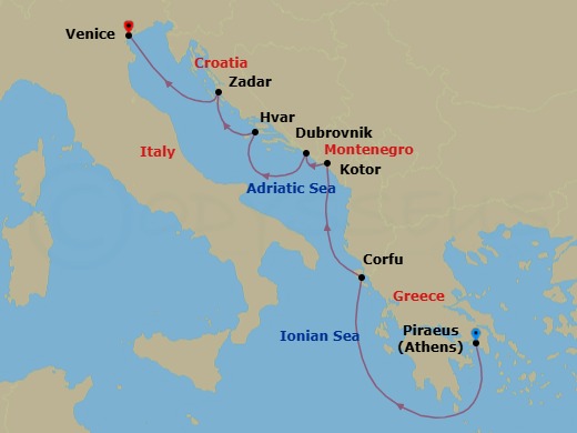 7 Night - Athens (Piraeus) / Venice - Ilma - Starting in Athens (Piraeus), Corfu, Kotor, Dubrovnik, Croatia, Hvar, Zadar, Venice itinerary map