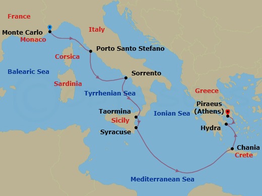 8 Night - Monte Carlo / Athens (Piraeus) - Evrima - Starting in Monte Carlo, Porto Santo Stefano, Sorrento, Taormina (Naxos), Sicily, Siracusa, Sicily, Chania (Souda), Crete, Hydra, Athens (Piraeus) itinerary map