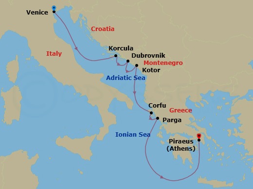 7 Night - Venice / Athens (Piraeus) - Ilma - Starting in Venice, Korcula, Dubrovnik, Croatia, Kotor, Corfu, Parga, Athens (Piraeus) itinerary map