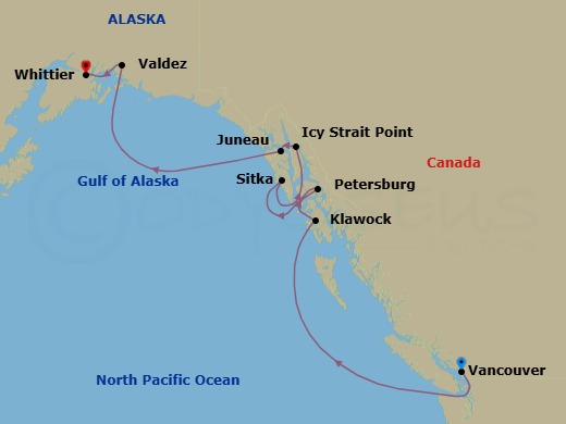 9 Night - Vancouver / Whittier - Luminara - Starting in Vancouver, Klawock, Petersburg, Sitka, Juneau, Icy Strait Point, Valdez, Whittier itinerary map