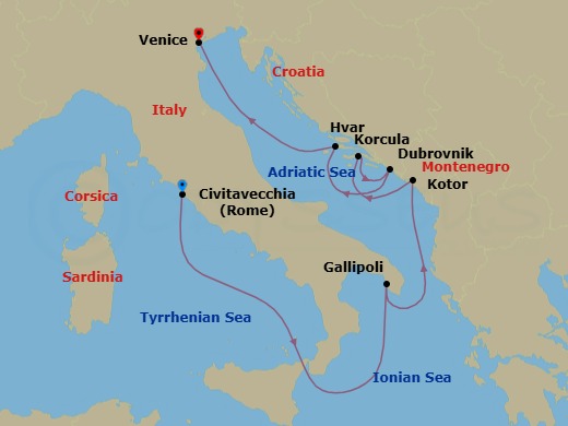 7 Night - Rome (Civitavecchia) / Venice - Ilma - Starting in Rome (Civitavecchia), Gallipoli, Kotor, Korcula, Dubrovnik, Croatia, Hvar, Venice itinerary map
