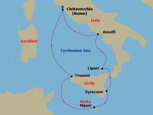 7 Night - Rome (Civitavecchia) / Rome (Civitavecchia) - Ilma - Starting in Rome (Civitavecchia), Trapani, Mgarr (Marina Day), Siracusa, Sicily, Lipari, Amalfi, Rome (Civitavecchia) itinerary map