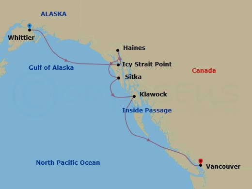 7 Night - Whittier / Vancouver - Luminara - Starting in Whittier, Icy Strait Point, Haines, Sitka, Klawock, Vancouver itinerary map