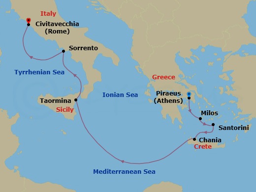 7 Night - Athens (Piraeus) / Rome (Civitavecchia) - Ilma - Starting in Athens (Piraeus), Milos, Santorini, Chania (Souda), Crete, Taormina (Naxos), Sicily, Sorrento, Rome (Civitavecchia) itinerary map
