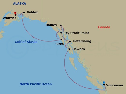 9 Night - Vancouver / Whittier - Luminara - Starting in Vancouver, Klawock, Petersburg, Icy Strait Point, Haines, Sitka, Valdez, Whittier itinerary map