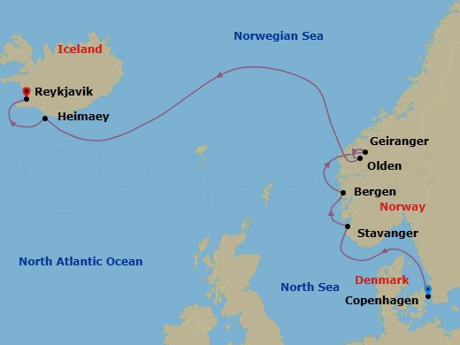 9 Night - Copenhagen / Reykjavik - Evrima - Starting in Copenhagen, Stavanger, Bergen, Geiranger, Norway, Olden, Heimaey Island, Reykjavik itinerary map