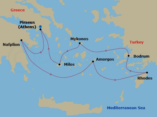7 Night - Athens (Piraeus) / Athens (Piraeus) - Ilma - Starting in Athens (Piraeus), Nafplio, Amorgos, Rhodes, Bodrum, Mykonos, Milos, Athens (Piraeus) itinerary map