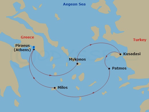 Ilma - 5 Night - Athens (Piraeus) / Athens (Piraeus) - Ilma - Starting in Athens (Piraeus), Mykonos, Kusadasi, Patmos, Milos, Athens (Piraeus) itinerary map
